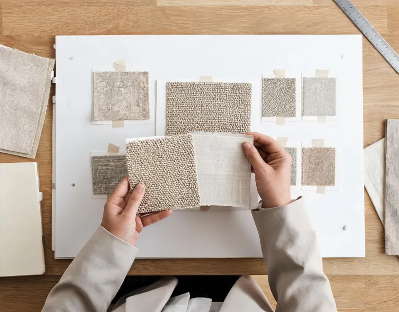 Designer reviewing a textile wallcovering specification board